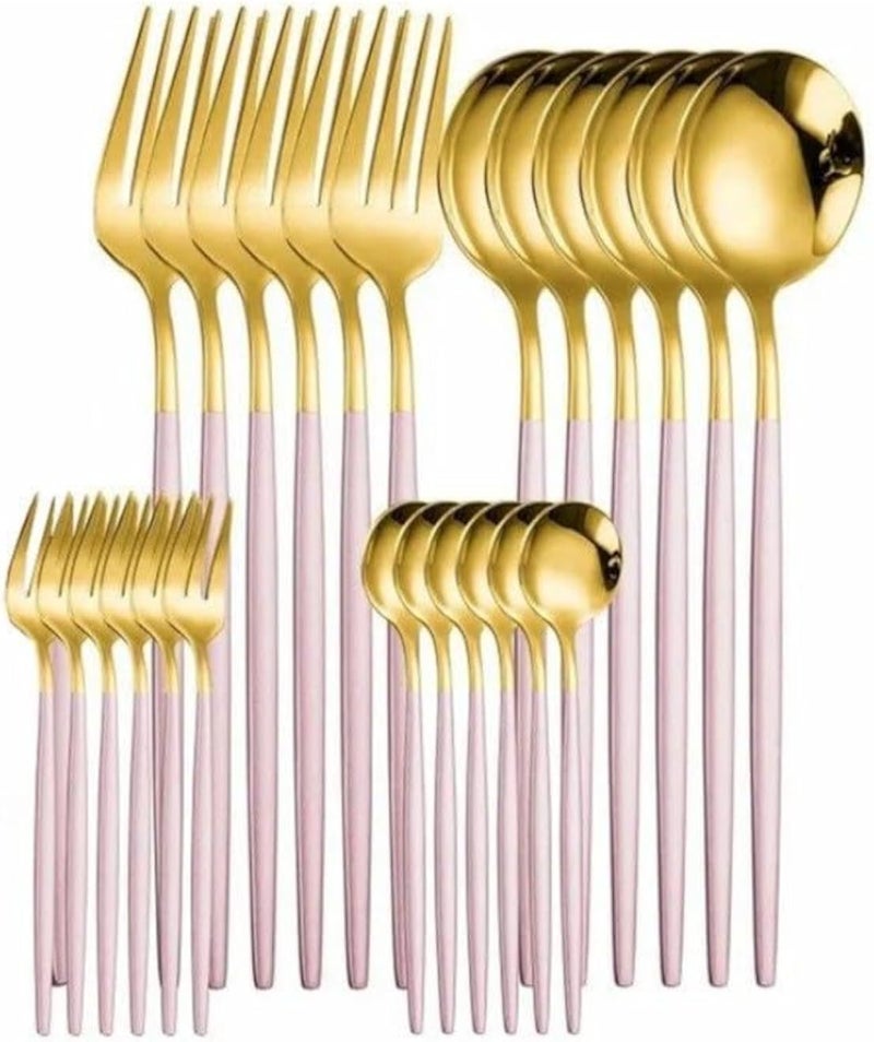 24 -Piece of Golden Steel Dinnerware Fork,Spoon Cutlery Set Gold/Pink